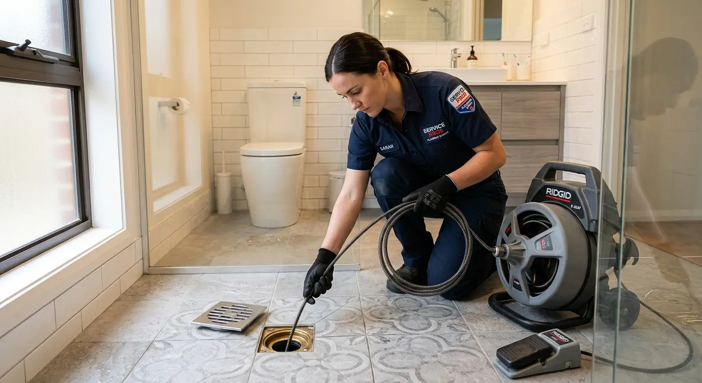 Technician clearing a bathroom floor drain for Drain Cleaning in Vancleave